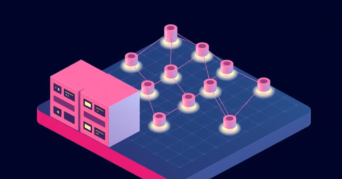 Flat isometric illustration of a pink server cabinet beside a blue grid platform holding twelve glowing pink cylinder nodes wired into a branching tree.