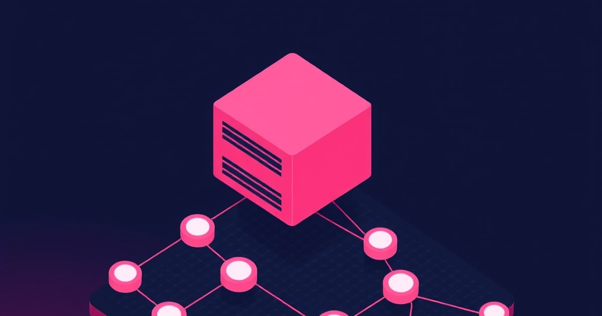 Flat isometric illustration of a pink cube with dark slot vents on its face floating above a network of white-topped pink nodes on a dark platform.