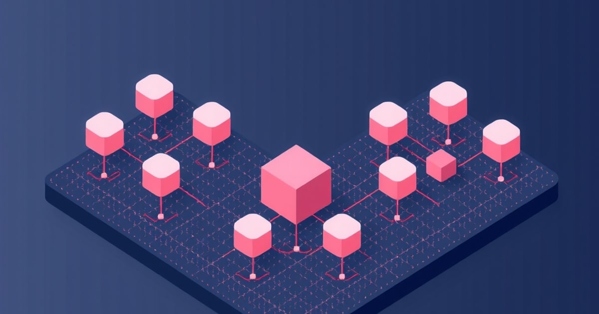 Isometric navy platform with pink cubes on stems linked by thin red lines to a larger central cube, evoking Ansible roles bundled into a collection