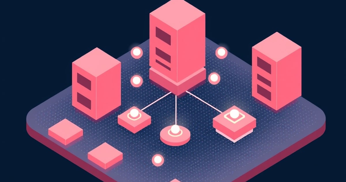 Flat isometric illustration of three pink server towers on a dark speckled platform, the tallest fanning white lines down to small pink pads and dots.