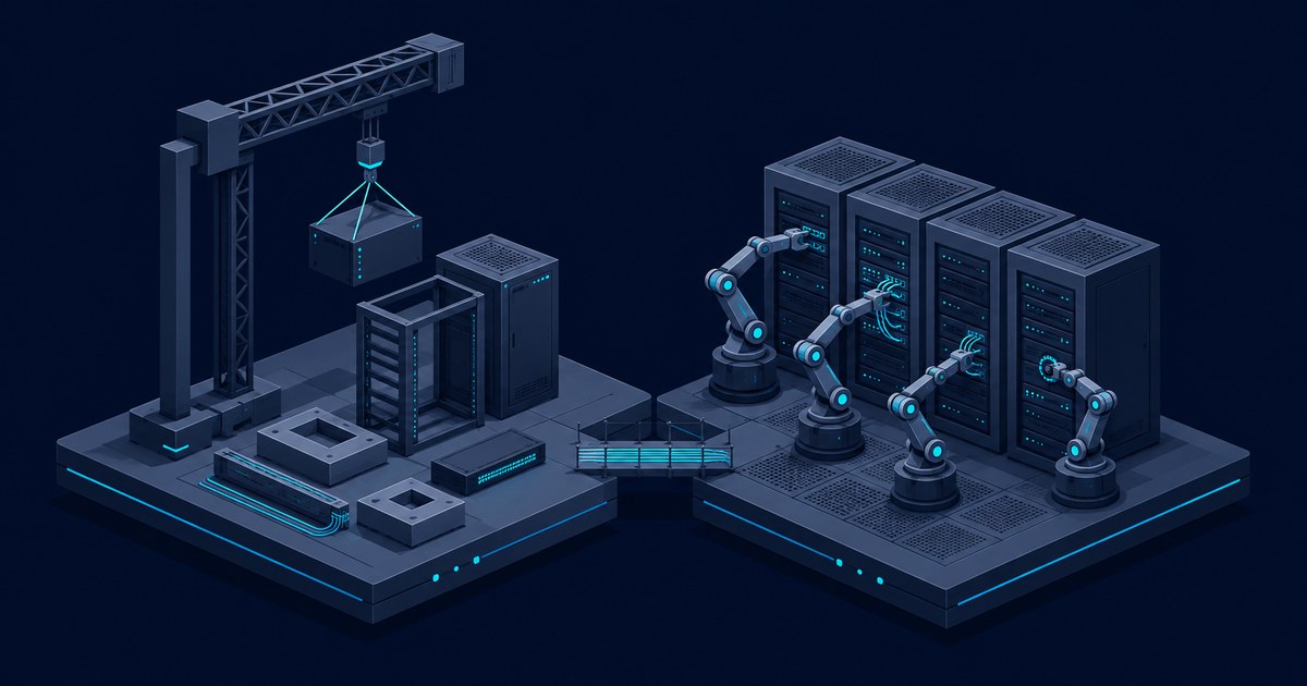 Isometric data center scene with a construction crane, server racks, network cabling, and robotic arms automating infrastructure.