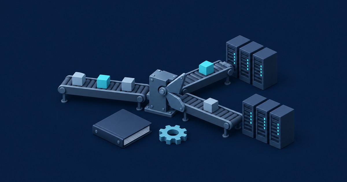 A 3D conveyor routes cyan and gray cubes toward two groups of servers, with a book and gear suggesting conditional automation in Ansible.