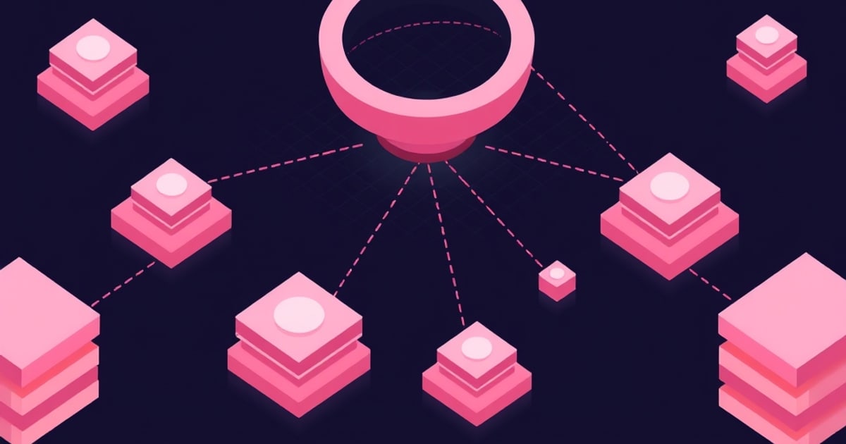 Isometric ring hub linked by dashed lines to stacked server blocks of varying size, representing a control node pushing playbook tasks across an inventory