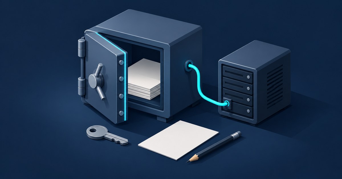 Open steel safe holding stacked papers, linked by a glowing cable to a small server, with a key, blank sheet and pencil in front, suggesting vaulted secrets